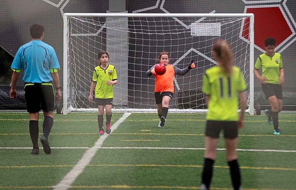 PHIL HOSSACK / WINNIPEG FREE PRESS
U10 Girls Charleswood Youth SA Goalkeeper Madelyn Almdal boots the ball down field. CYSA lost the match 2-1 to Oakbank CC.