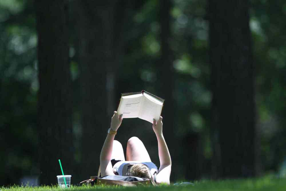 Ashley Daily enjoys a book in the sunshine at Kildonan Park. July 07, 2015 (JOE BRYKSA / WINNIPEG FREE PRESS)