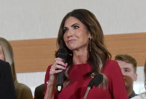 South Dakota Governor Kristi Noem speaks after winning the gubernatorial primary at an election night watch party on Tuesday, June 7, 2022, at the Hilton Garden Inn in Sioux Falls, S.D. (Erin Woodiel/The Argus Leader via AP)
