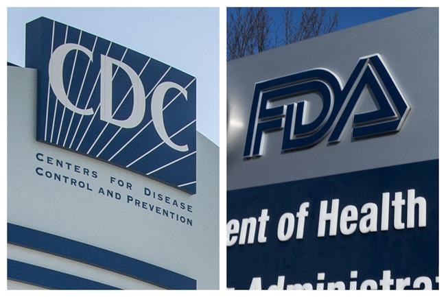 This combination of 2022 and 2020 file photos shows logos for the U.S. Centers for Disease Control and Prevention and the Food and Drug Administration. On Wednesday, June 15, 2022, both Moderna and Pfizer will have to convince what’s essentially a science court -- advisers to the Food and Drug Administration -- that their shots work well in babies, toddlers and preschoolers. If the FDA’s advisers endorse one or both shots for them -- and the FDA agrees -- there’s still another hurdle. The Centers for Disease Control and Prevention must recommend whether all tots need immunization or just those at high risk from the virus. (AP Photo/Ron Harris, Manuel Balce Ceneta, File)