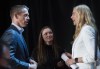Minister of Sport Pascale St-Onge, right, talks with Olympic athlete Rosie MacLennan and COC CEO David Shoemaker speak following a news conference in Montreal, Sunday, June 12, 2022. THE CANADIAN PRESS/Graham Hughes