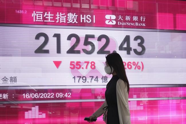 A woman wearing a face mask walks past a bank's electronic board showing the Hong Kong share index in Hong Kong, Thursday, June 16, 2022. Asian shares advanced Thursday after the Federal Reserve raised its key interest rate by three-quarters of a point and signaled more rate hikes were coming to fight inflation. (AP Photo/Kin Cheung)