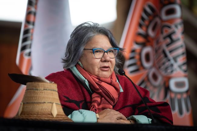 Assembly of First Nations National Chief RoseAnne Archibald speaks during a news conference ahead of a Tk'emlups te Secwepemc ceremony to honour residential school survivors and mark the first National Day for Truth and Reconciliation, in Kamloops, BC., on Thursday, September 30, 2021. THE CANADIAN PRESS/Darryl Dyck