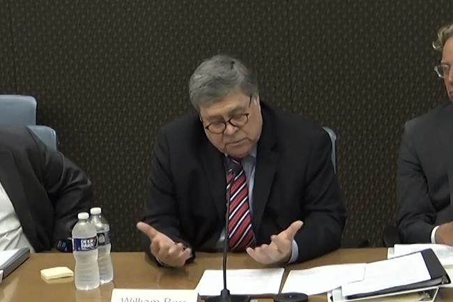 FILE - In this image from video released by the House Select Committee, former Attorney General William Barr speaks during a video deposition to the House select committee investigating the Jan. 6 attack on the U.S. Capitol that was an exhibit at the hearing Thursday, June 9, 2022, on Capitol Hill in Washington. (House Select Committee via AP, File)
