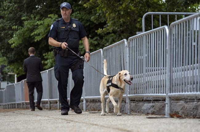 A police officer leads a K-9 in the street outside of the U.S. Supreme Court in Washington, Thursday, June 23, 2022. (AP Photo/Gemunu Amarasinghe)