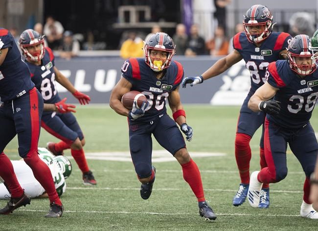 Montreal Alouettes' Chandler Worthy breaks away to run in for touchdown against the Saskatchewan Roughriders during first half CFL football action in Montreal, Thursday, June, 23, 2022. THE CANADIAN PRESS/Graham Hughes