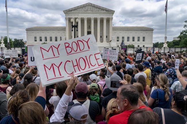 Abortion-rights protesters regroup and protest following Supreme Court's decision to overturn Roe v. Wade, federally protected right to abortion, outside the Supreme Court in Washington, Friday, June 24, 2022. The Supreme Court has ended constitutional protections for abortion that had been in place nearly 50 years, a decision by its conservative majority to overturn the court's landmark abortion cases. (AP Photo/Gemunu Amarasinghe)