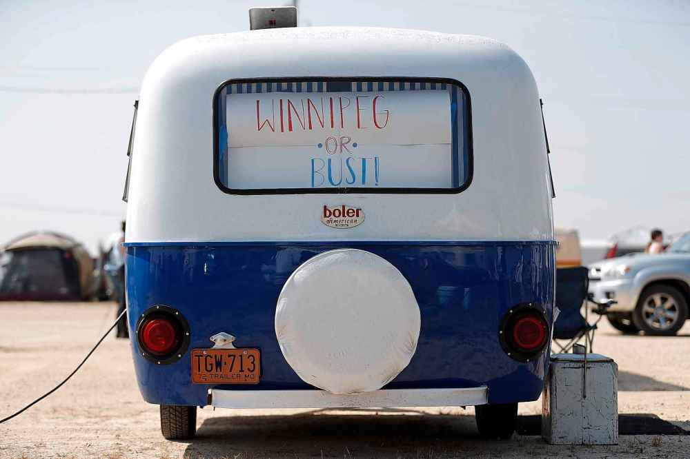 CP
A sign in the window of a trailer from Missouri says it all at the 50th anniversary celebration weekend in Winnipeg on Wednesday, August 15, 2018. Hundreds of Boler trailers, originally invented and manufactured in Winnipeg, from all corners of North America hit the road and made their way to Winnipeg to celebrate the birth of the iconic camper trailer. THE CANADIAN PRESS/John Woods