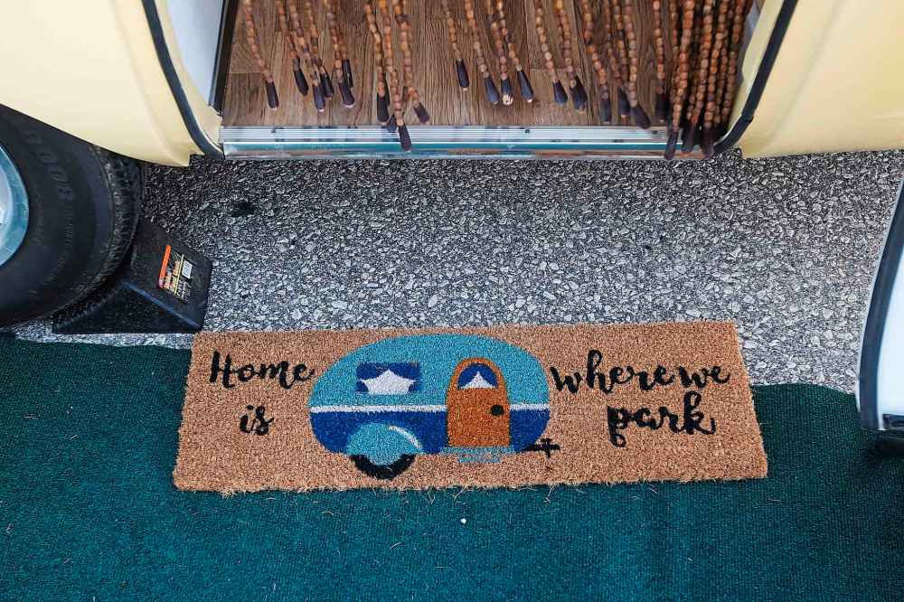 A mat at the door of Giles' trailer.