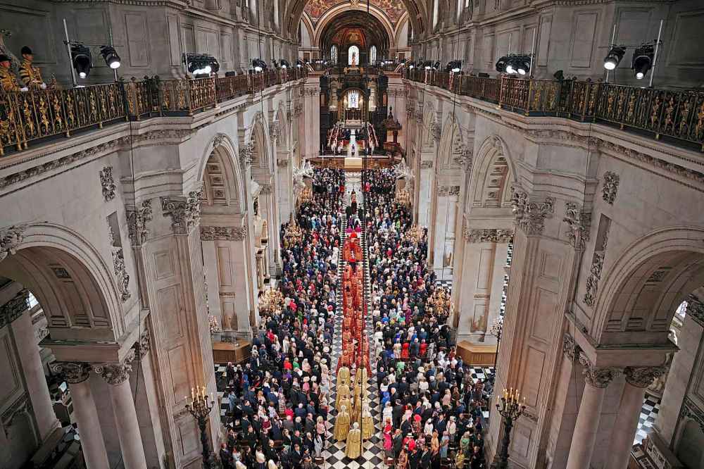 A general view of the service of thanksgiving for the reign of Queen Elizabeth II at St Paul's Cathedral in London, Friday June 3, 2022 on the second of four days of celebrations to mark the Platinum Jubilee. The events over a long holiday weekend in the U.K. are meant to celebrate the monarch's 70 years of service. (Dan Kitwood/Pool Photo via AP)