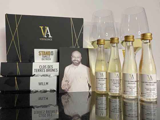 The Millesime Alsace ‘digitasting’ featured 30ml glass bottles of four wines from each of the participating French producers. (Ben Sigurdson / Winnipeg Free Press)