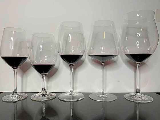 From left: The Zwilling J.A. Henckels, Riedel Ouverture Magnum, Luigi Bormioli, Zalto Burgundy and the Eisch Vino Nobile glasses, each with 60ml of Cabernet Sauvignon in them.