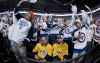 JOHN WOODS / WINNIPEG FREE PRESS
Nashville Predators' fans Ash Greyson, left, and Ryan Dunlap are surrounded by cheering Winnipeg Jets' fans after Jets' Dustin Byfuglien (33) scores during second period NHL round two game three playoff action in Winnipeg, Tuesday, May 1, 2018.