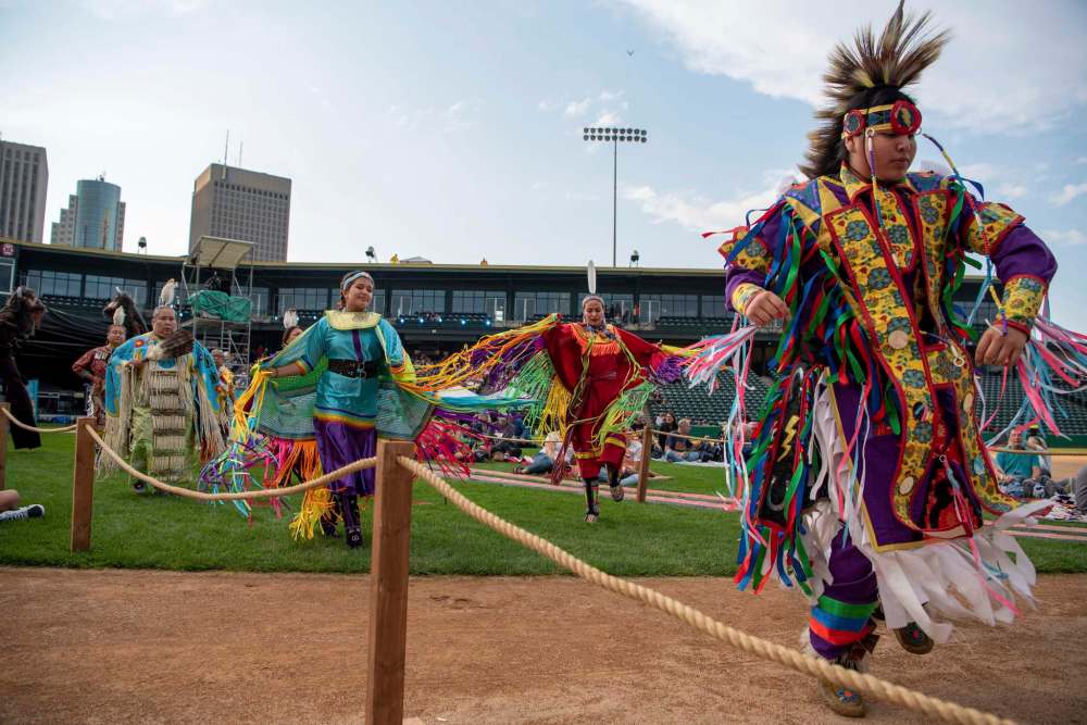 Powwow dancers perform during an episodic vision quest entitled the Seven Sacred Laws. (Alex Lupul / Winnipeg Free Press)