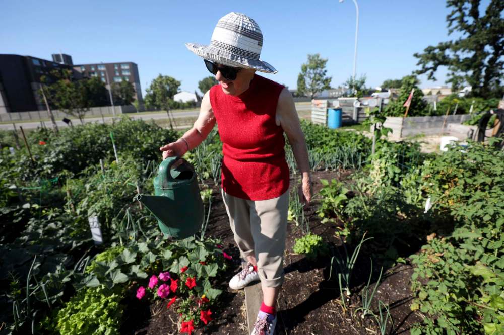 Bertha Klaassen is all smiles as she waters the gardens.