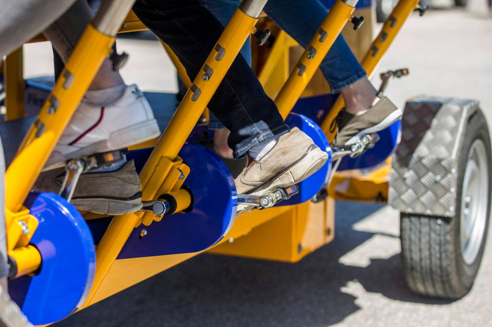 The Pedal Pub is like a party bus powered by people. (Mikaela MacKenzie / Winnipeg Free Press)