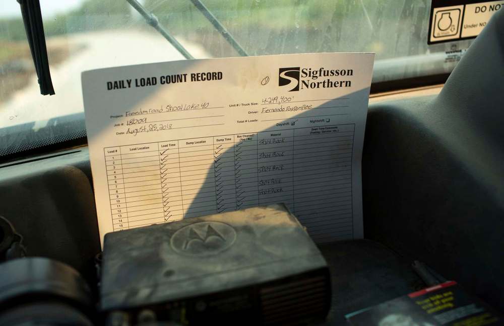 ANDREW RYAN / WINNIPEG FREE PRESS Fernando Peypompee’s daily log sheet while working on Freedom Road on August 25, 2018.