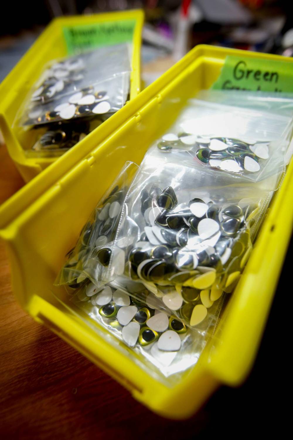 A large supply of eyes is on hand for the lures.
JOHN WOODS / WINNIPEG FREE PRESS
Mike Harris, owner of Element Custom Baits, has a supply of eyes on hand for his fishing lures in his basement workshop at his home in Winnipeg.
