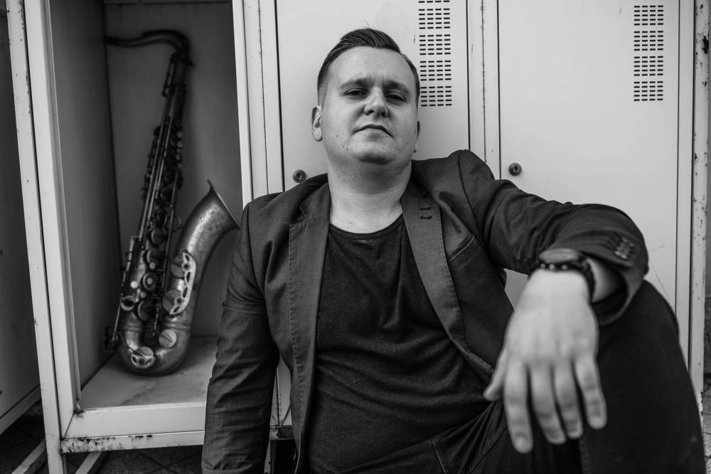 Ukrainian saxophonist Bogdan Gumenyuk takes the stage at the CMHR on Tuesday. (Supplied)
