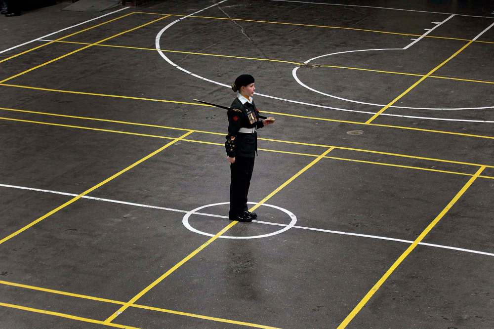 PHIL HOSSACK / WINNIPEG FREE PRESS - BORDERS - ‘Eyes right’ Warrant Officer Leeann Schalercadotte leads Cadets of the 1226 Fort Garry Horse Army Cadet Corps working their parade drill Wednesday evening preparing for ceremonies and parade on Rememberance Day at McGregor Armoury. - November 7, 2018
