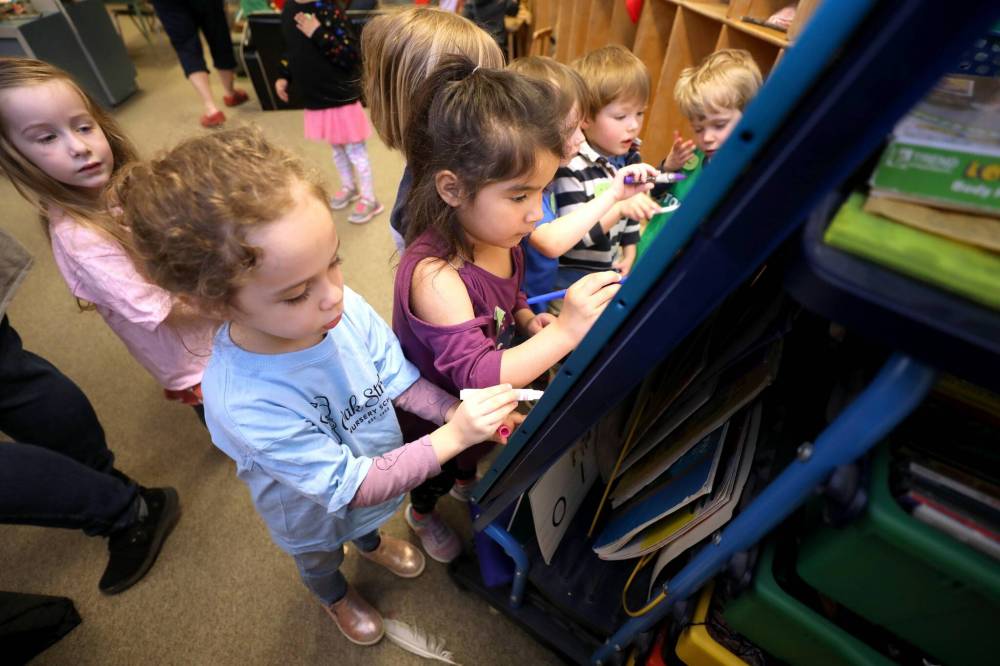 RUTH BONNEVILLE / WINNIPEG FREE PRESS
Preschoolers at Oak Street Nursery in Winnipeg and children from Grand Rapids are part of a new initiative called ToyBox.