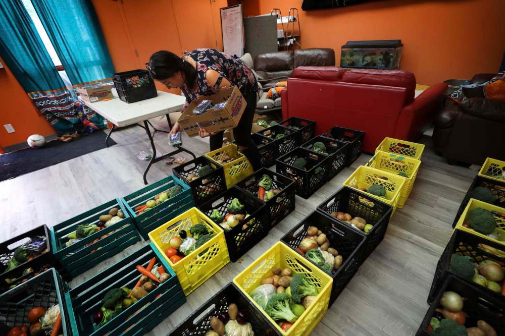 McDonald separates the bulk fresh fruits and vegetables she purchased into family-size portions.