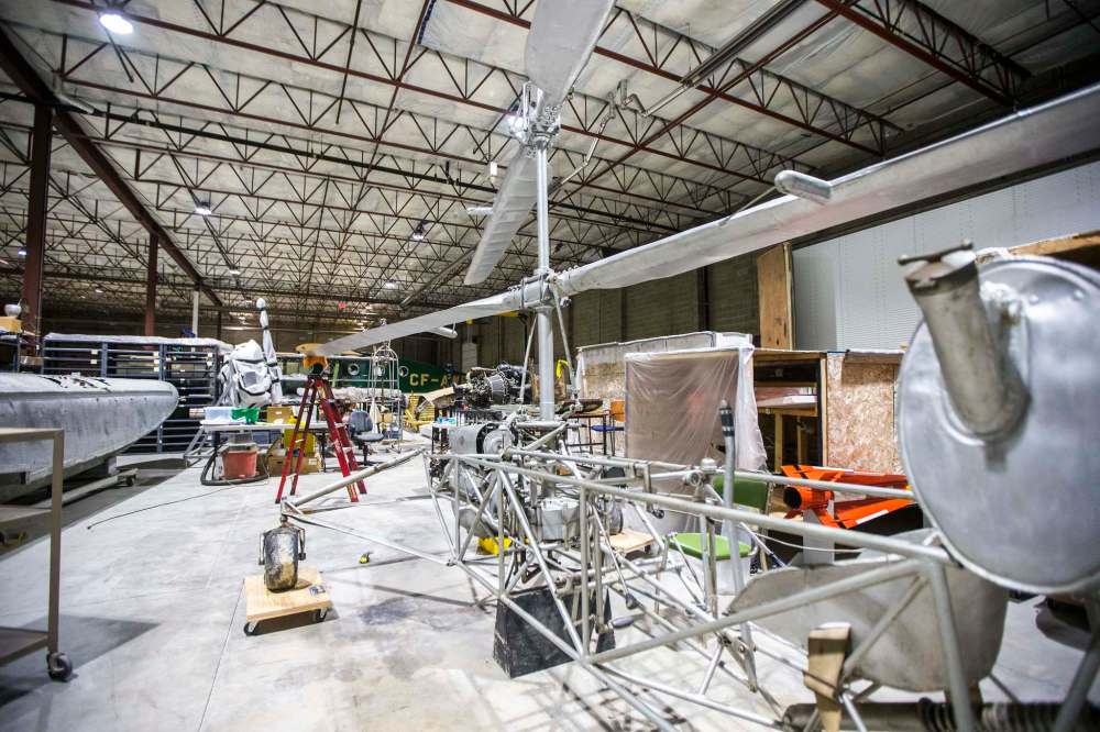 The first helicopter to fly in Canada at the warehouse where exhibits are being conserved, restored, and prepared for the Western Canadian Aviation Museum slated to open at the old airport in 2022.