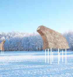 A group of beast-like huts called the Droombok are among the 2020 winners of the 10th Warming Huts art + architectural competition at The Forks (Supplied)