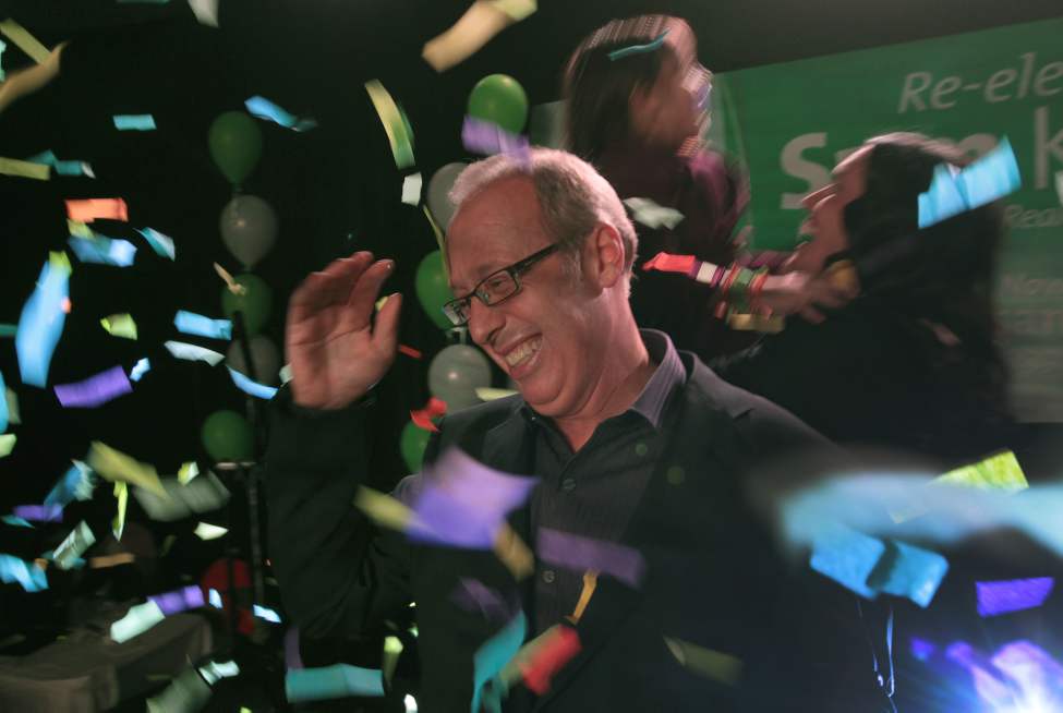 JOE BRYKSA/WINNIPEG FREE PRESS
Sam Katz is congratulated on his win of the mayoral race in Winnipeg at the Radisson Hotel. October 27, 2010