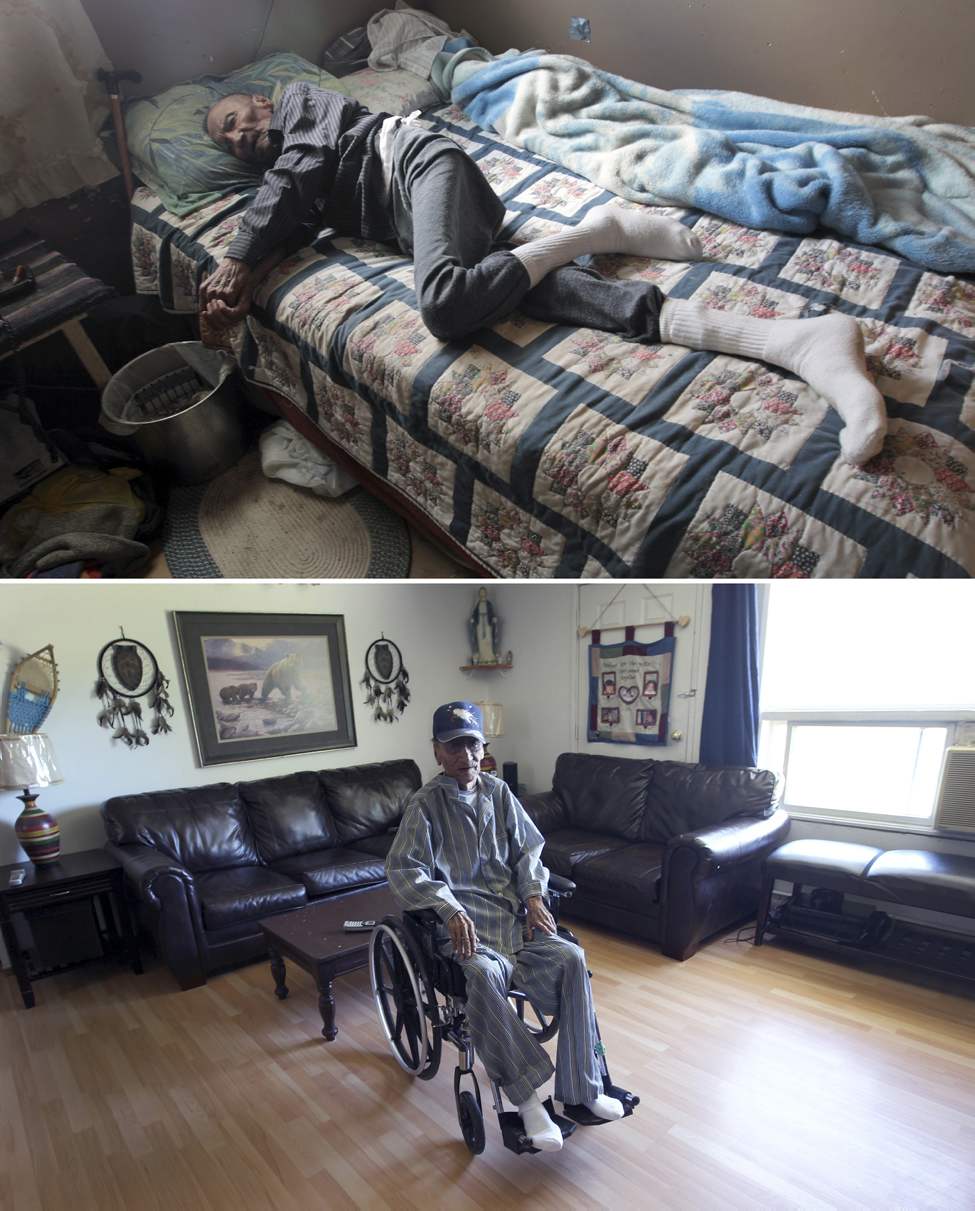 July 2010 - Elder  Zach Harper in his  home  in St.Theresa Point First Nation. Harper has become frail from his past fight with tuberculosis. For years, the family has lived with no running water. 
August 2011 - Zach Harper waited 75 years to live in a house with running water. He died a week after his family home at St. Theresa Point First Nation was retrofitted to include running water, a kitchen sink and a proper bathroom in September.
(JOE BRYKSA / WINNIPEG FREE PRESS)
