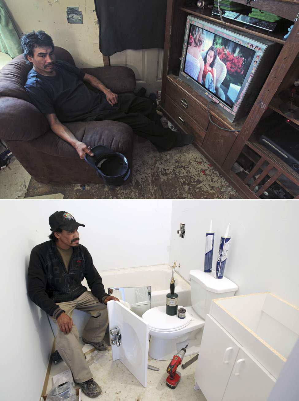 July 2010 - Geordie Rae Jr. takes a break in the family home in St.Theresa Point First Nation after hauling water by foot to his family's home. 
August 2011 - Geordie Rae Jr. takes a break while renovating his new bathroom with running water. 
(JOE BRYKSA / WINNIPEG FREE PRESS)
