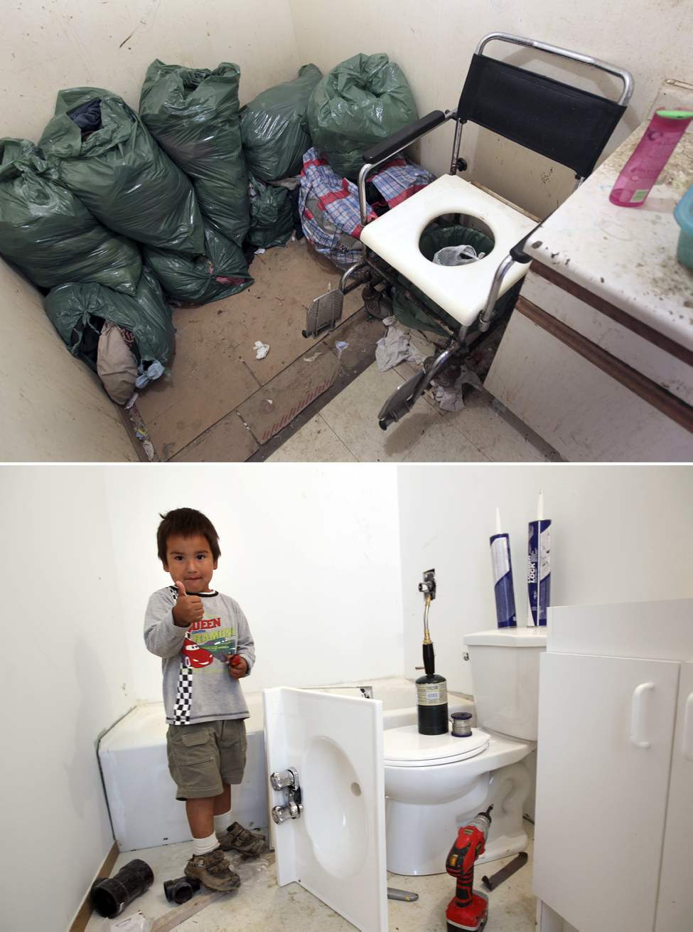 July 2010 - The  family  bathroom in the Harper home in St.Theresa Point First Nation, consisted of a slop pail and bags of dirty laundry. 
August 2011 - Lucas Rae, 3,  gives the thumbs up for his new bathroom being renovating with running water. 
(JOE BRYKSA/WINNIPEG FREE PRESS)