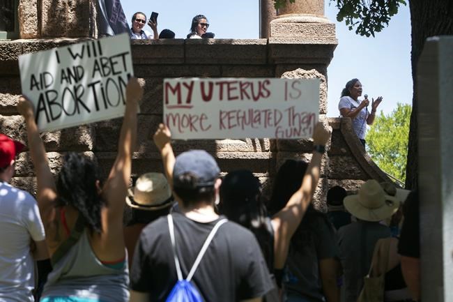 Abortion-rights advocates gather outside the Tarrant County Courthouse during the Bans Off Our Bodies protest in Fort Worth, Texas, on Saturday, June 25, 2022. Alternating between chants of