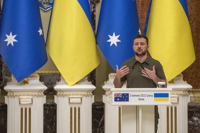 Ukrainian President Volodymyr Zelenskyy, speaks during a press conference with Australian Prime Minister Anthony Albanese, in Kyiv, Ukraine, Sunday, July 3, 2022. (AP Photo/Nariman El-Mofty)