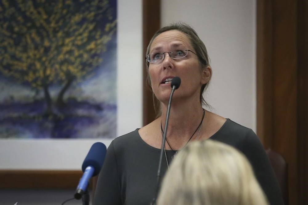 Scarlett Lewis, mother of 6-year-old Sandy Hook shooting victim Jesse Lewis, testifies against Alex Jones Tuesday Aug. 2, 2022, at the Travis County Courthouse in Austin. Jones has been found to have defamed the parents of a Sandy Hook student for calling the attack a hoax. (Briana Sanchez/Austin American-Statesman via AP, Pool)