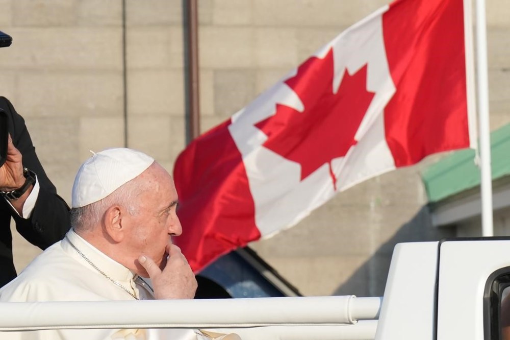 Pope Francis leaves the Citadelle in the popemobile following a reconciliation ceremony during his papal visit across Canada in Quebec City on Wednesday, July 27, 2022. Pope Francis says he felt the pain of Indigenous Peoples during his trip to Canada but also left with a sense of hope. THE CANADIAN PRESS/Nathan Denette