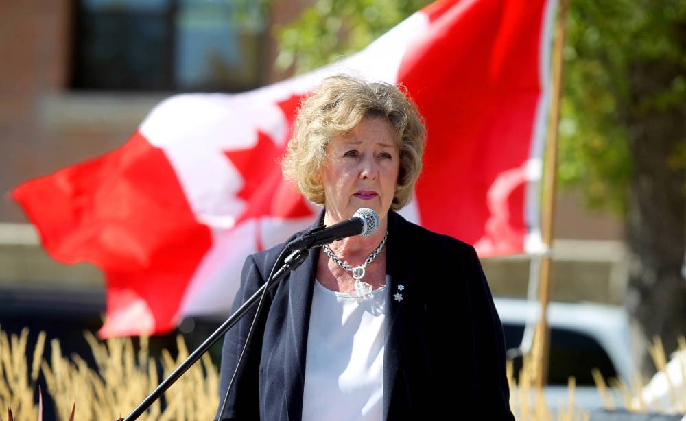 FILE - Erin DeBooy/The Brandon Sun
Lieutenant Govenor Janice Filmon
Brandon Sun Lieutenant Govenor Janice Filmon spoke to a crowd of veterans, councillors and community members on Wednesday afternoon at the official tree planting of 10 Regal Celebration Maples at Veterans Memorial Park. (Erin DeBooy/The Brandon Sun)
