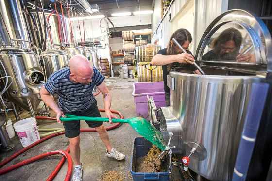 Free Press drinks writer Ben Sigurdson shovels spent malt from the mash tun with some help from Mark Borowski of Nonsuch Brewing Co. (Mikaela MacKenzie / Winnipeg Free Press)