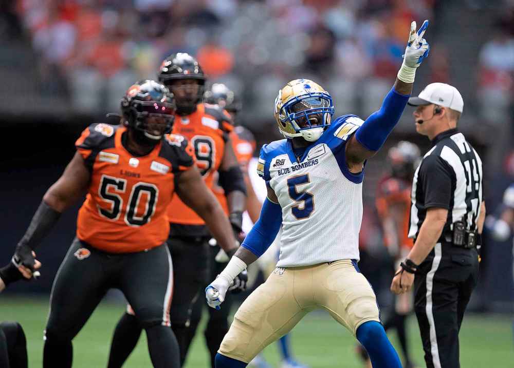 THE CANADIAN PRESS
DARRYL DYCK / THE CANADIAN PRESS
Winnipeg Blue Bombers' Willie Jefferson celebrates after sacking B.C. Lions quarterback Nathan Rourke during the first half.