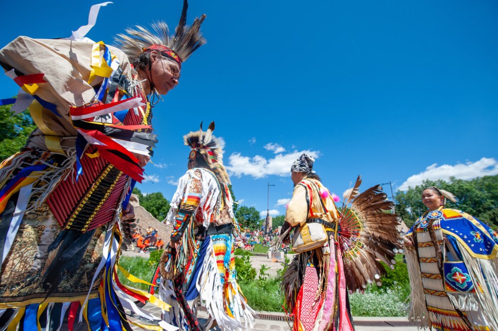 ETHAN CAIRNS / WINNIPEG FREE PRESS
Dancers are introduced at the pow-wow dance demonstration at A New Day Ceremony at The Forks in Winnipeg, Manitoba on Friday, July 1, 2022