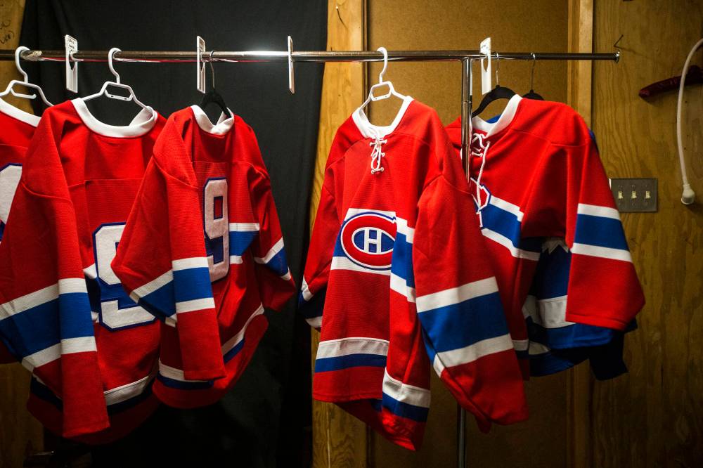 The boys’ dressing room backstage, well-stocked with No. 9 jerseys of Habs legend ‘Rocket’ Richard.