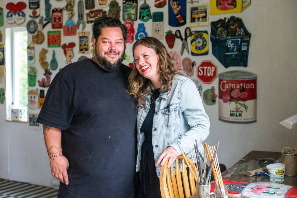 MIKAELA MACKENZIE / WINNIPEG FREE PRESS
Shaun Morin and Mélanie Rocan are the artists behind Slo-Toons, works on wood that nod to pop-culture icons.