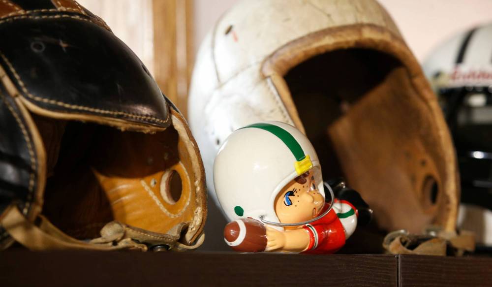JOHN WOODS / WINNIPEG FREE PRESS
Helmets in Glen Ominski’s CFL memorabilia collection.