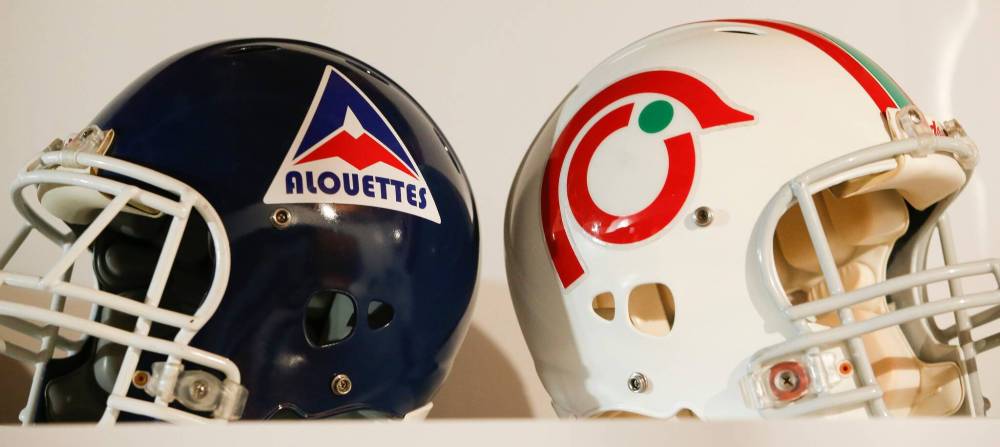 JOHN WOODS / WINNIPEG FREE PRESS
Helmets in Glen Ominski’s CFL memorabilia collection.