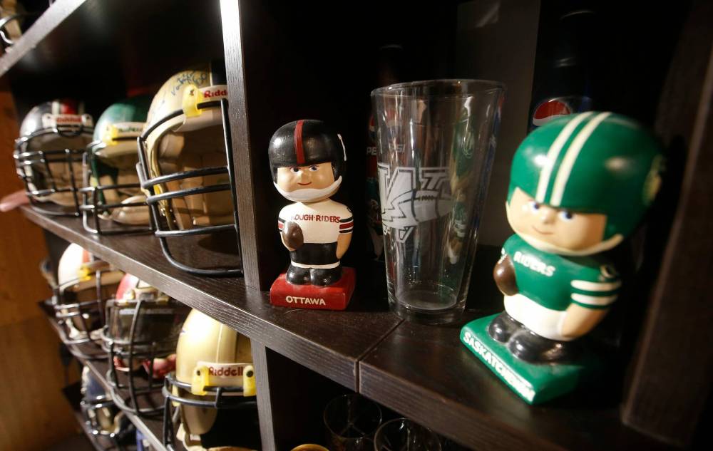 JOHN WOODS / WINNIPEG FREE PRESS
Some of Glen Ominski’s CFL memorabilia collection.