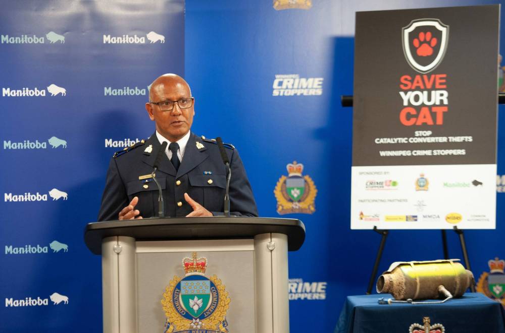 ETHAN CAIRNS / WINNIPEG FREE PRESS
Supt. Jim Mirza, acting Criminal Operations Officer of the Manitoba RCMP at the Winnipeg Police Headquarters for announcement on a new initiative to deter catalytic converter theft in Winnipeg.