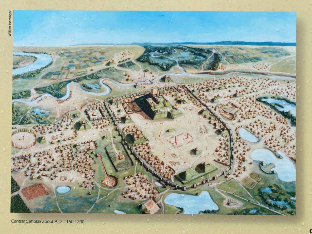 Illustration by William Iseminger
Central Cahokia, circa 1150-1200. Cahokia was the mothership of the Mississippian culture.