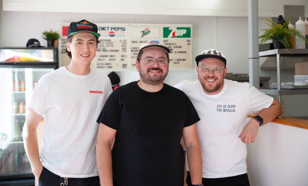 ETHAN CAIRNS / WINNIPEG FREE PRESS
Jesse Angers (from left), Nyk Bielak and Stefan Lytwyn opened Hoagie Boyz with Nick Luchak after operating Kosmo’s Space Cowboy Food Cantina out of the basement of the German Society of Winnipeg during the pandemic.