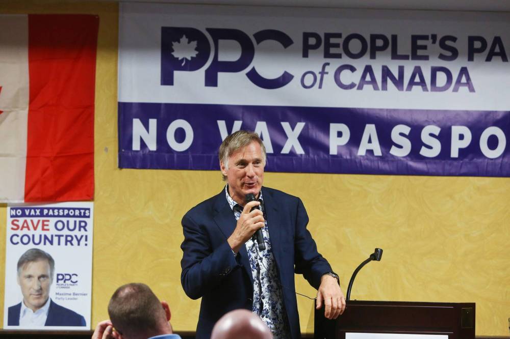 MIKE DEAL / WINNIPEG FREE PRESS
Maxime Bernier spoke at length about the PPC’s values, which include ending mandatory vaccination, restricting immigration, preventing late-term abortions and increasing the autonomy of provincial governments.