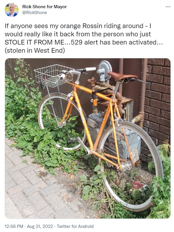 Mayoral candidate Rick Shone tweeted his bicycle had been stolen. (Twitter)